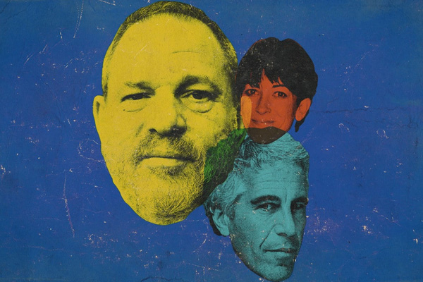 Portraits of Harvey Weinstein, Ghislaine Maxwell, and Jeffrey Epstein superimposed on each other, slightly overlapping. Photo Illustration by Elizabeth Brockway/The Daily Beast/Getty