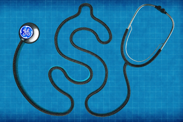 A stethoscope with the GE logo on it. The cord of the stethoscope is curved into a dollar symbol. Photo Illustration by The Daily Beast/Getty