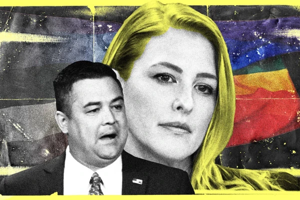 Illustration of Christian Ziegler and Bridget Ziegler in front of a fading LGBT flag on a black and yellow background. Photo Illustration by Elizabeth Brockway/The Daily Beast/Getty/Reuters