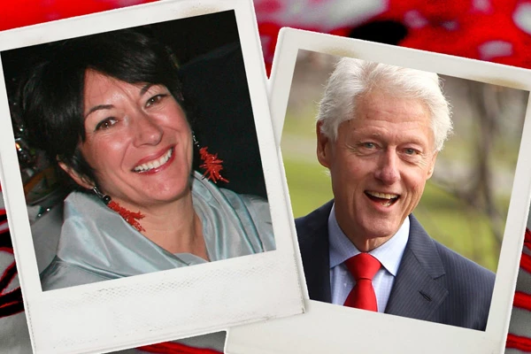 Polaroid style photos of Ghislaine Maxwell and Bill Clinton. Photo Illustration by The Daily Beast / Photos Getty