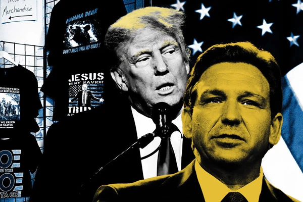 Collage that includes images of Trump, Ron DeSantis, Donald Trump Merchandise, the American Flag, Merchandise from the Moms for Liberty Conference. Photo illustration by The Daily Beast / Photos by Getty / Kate Briquelet