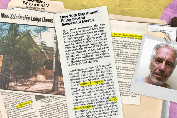 Newspaper clippings about Interlochen’s Prestigious Arts Camp for Kids and a polaroid of Jeffrey Epstein. Photo Illustration by Sarah Rogers/The Daily Beast / Photos Getty / Interlochen