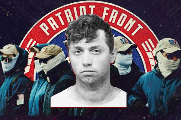 Mugshot of Jared Boyce superimposed over the Patriot Front logo and members. Photo Illustration by Thomas Levinson/The Daily Beast/Getty/Kootenai County Sheriff’s Office