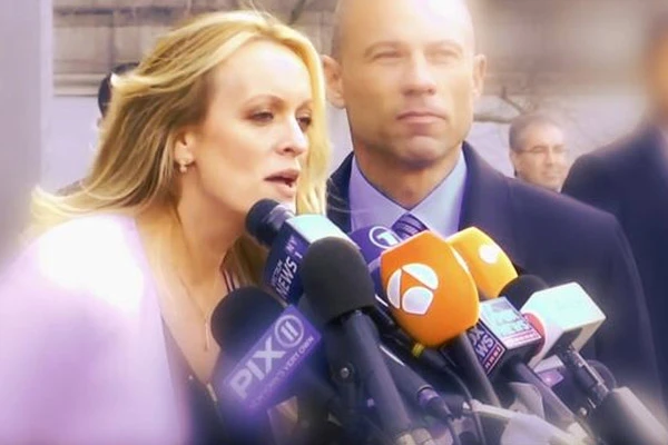 Stormy Daniels and Michael Avenatti speaking to the press. Photo credit CNBC